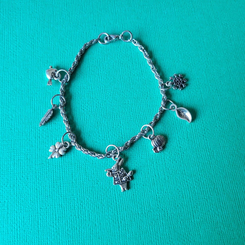 Handmade silver charm bracelet reworked upcycled four leaf clover rabbit heart